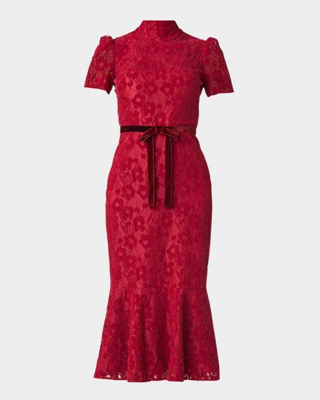 Pierre Mock-Neck Floral Lace Midi Dress